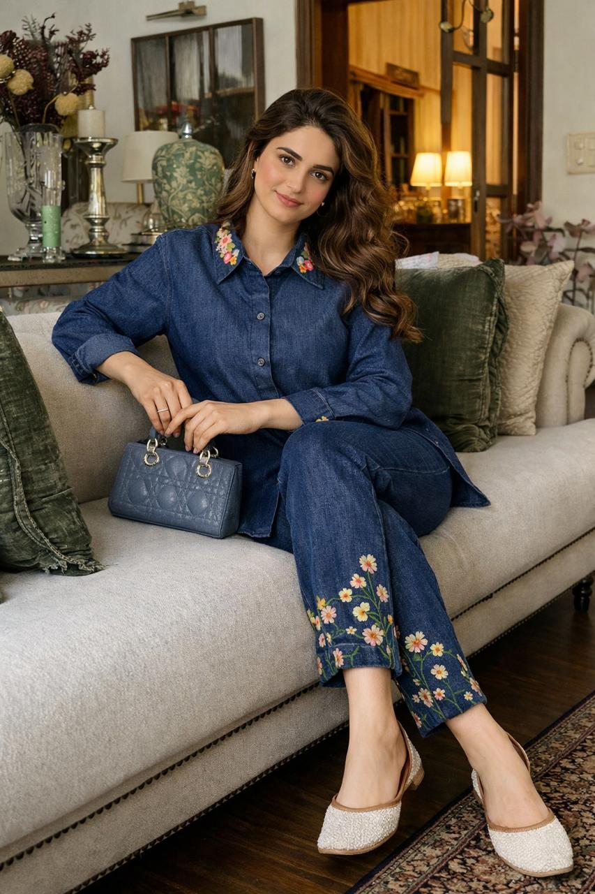 Denim cotton front n back embroidered co ord set