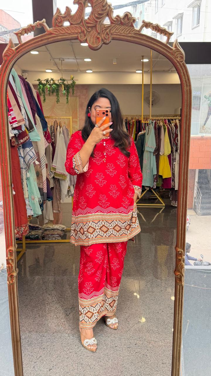 Premium soft rayon bandhani red co ord (slim fit)