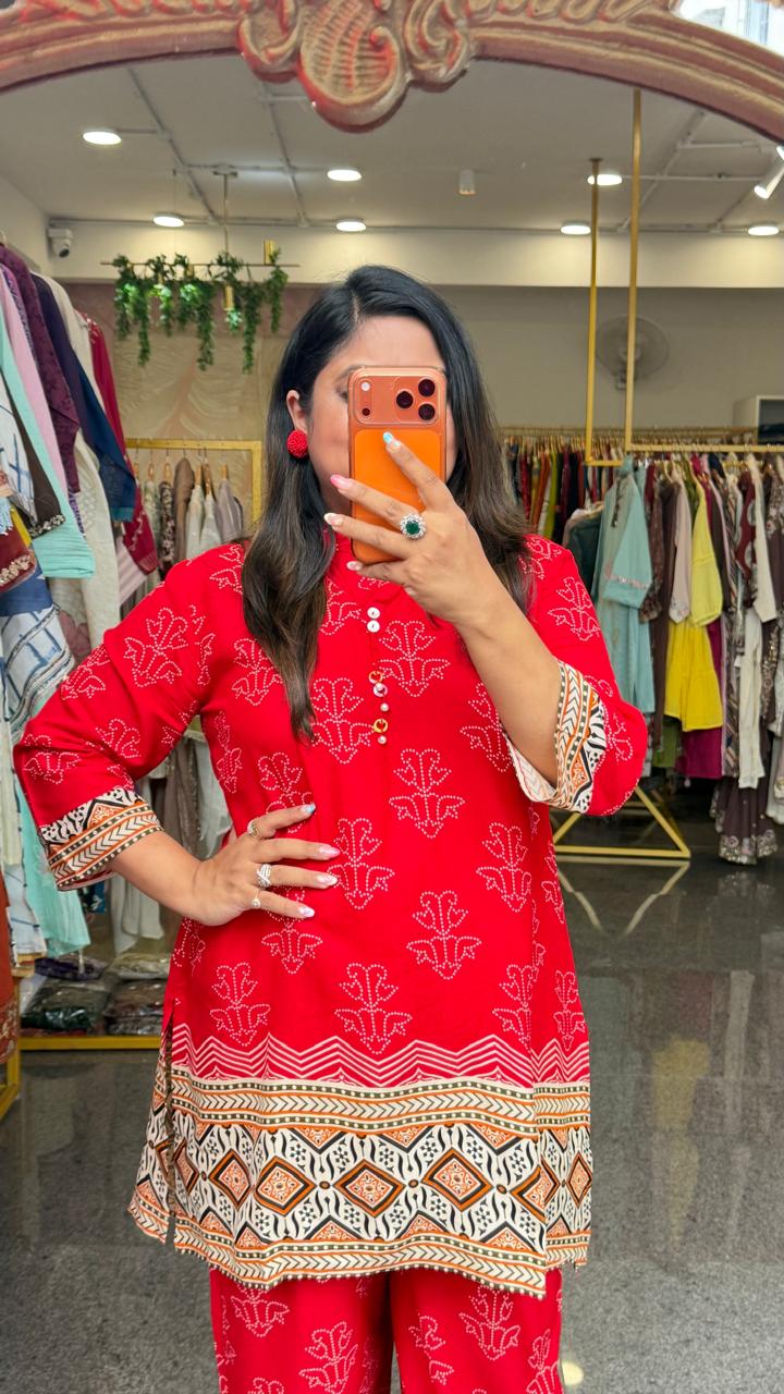 Premium soft rayon bandhani red co ord (slim fit)