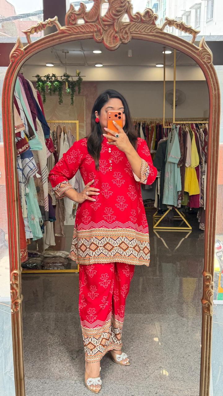 Premium soft rayon bandhani red co ord (slim fit)