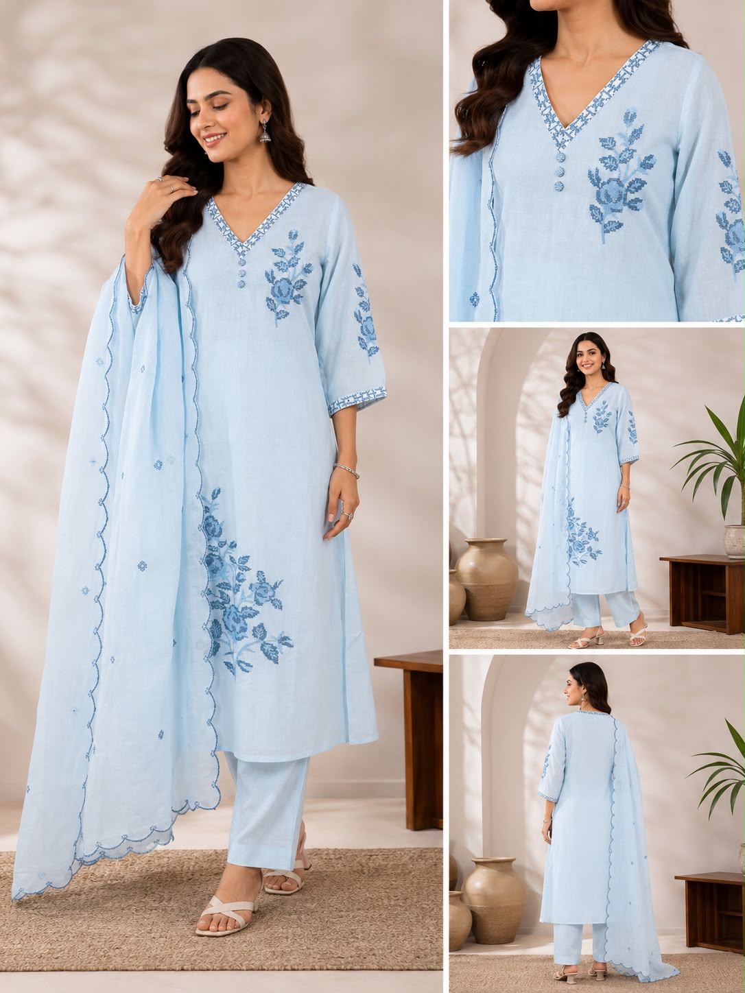 Pure Mul cotton embroidered full suit set