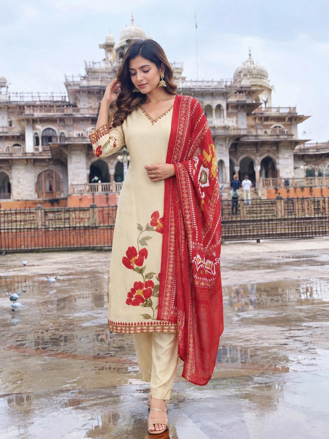 Russian silk digital printed paired with Ikkat dupatta