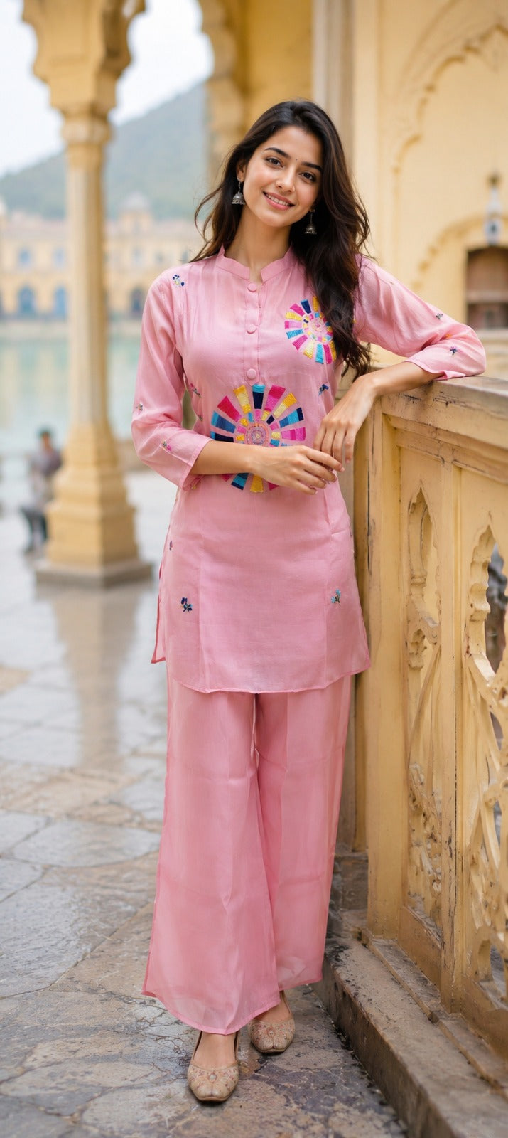 Beautifully embroidery Modale lining co ord in pink