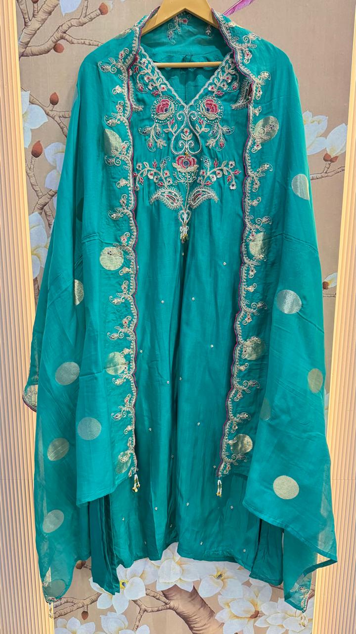 Premium Russian silk with zari and pearl detailing suit set
