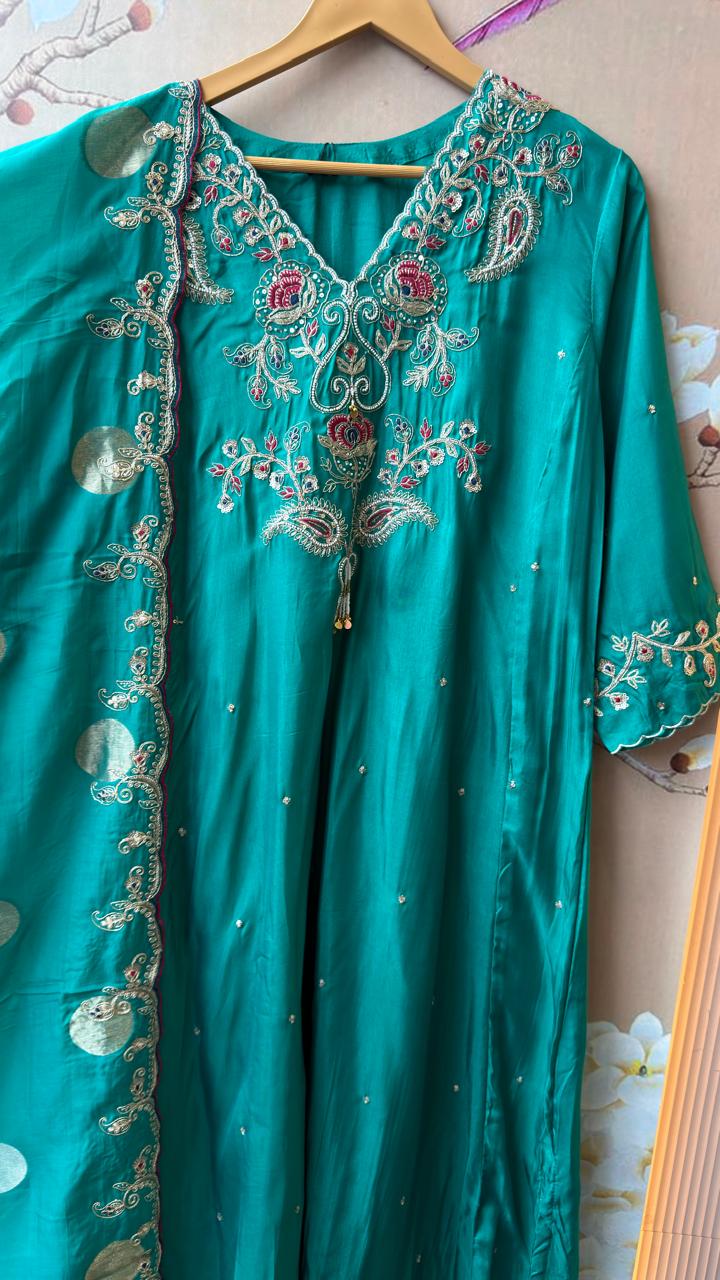 Premium Russian silk with zari and pearl detailing suit set