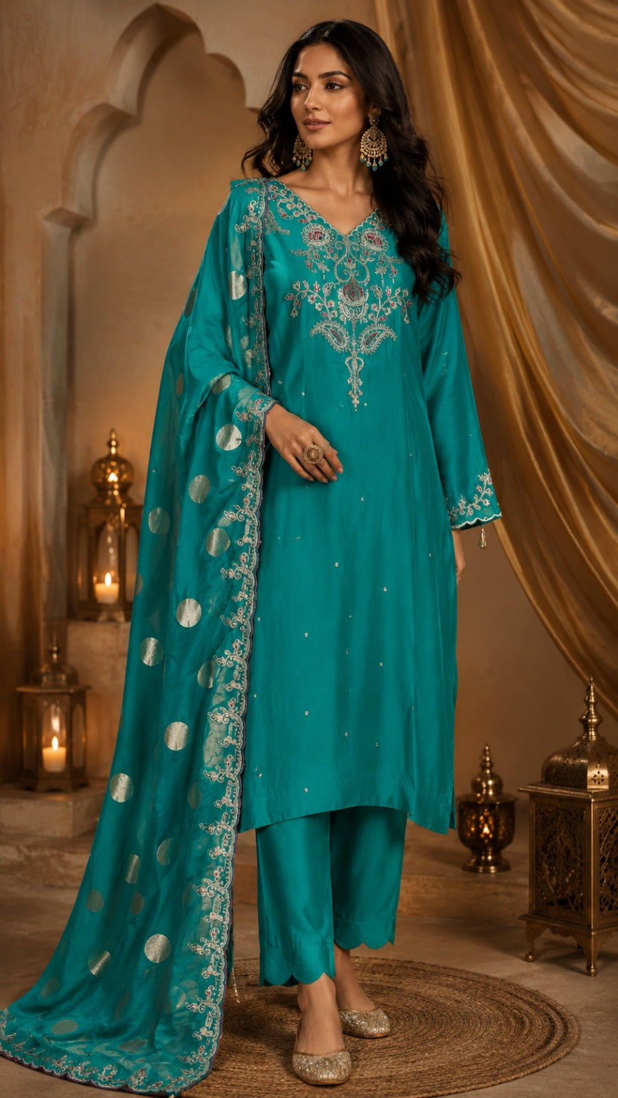 Premium Russian silk with zari and pearl detailing suit set