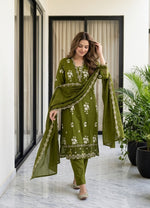 Cotton suit set with organza border in green
