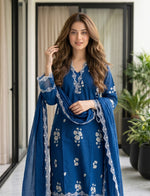 Cotton suit set with organza border in teal blue
