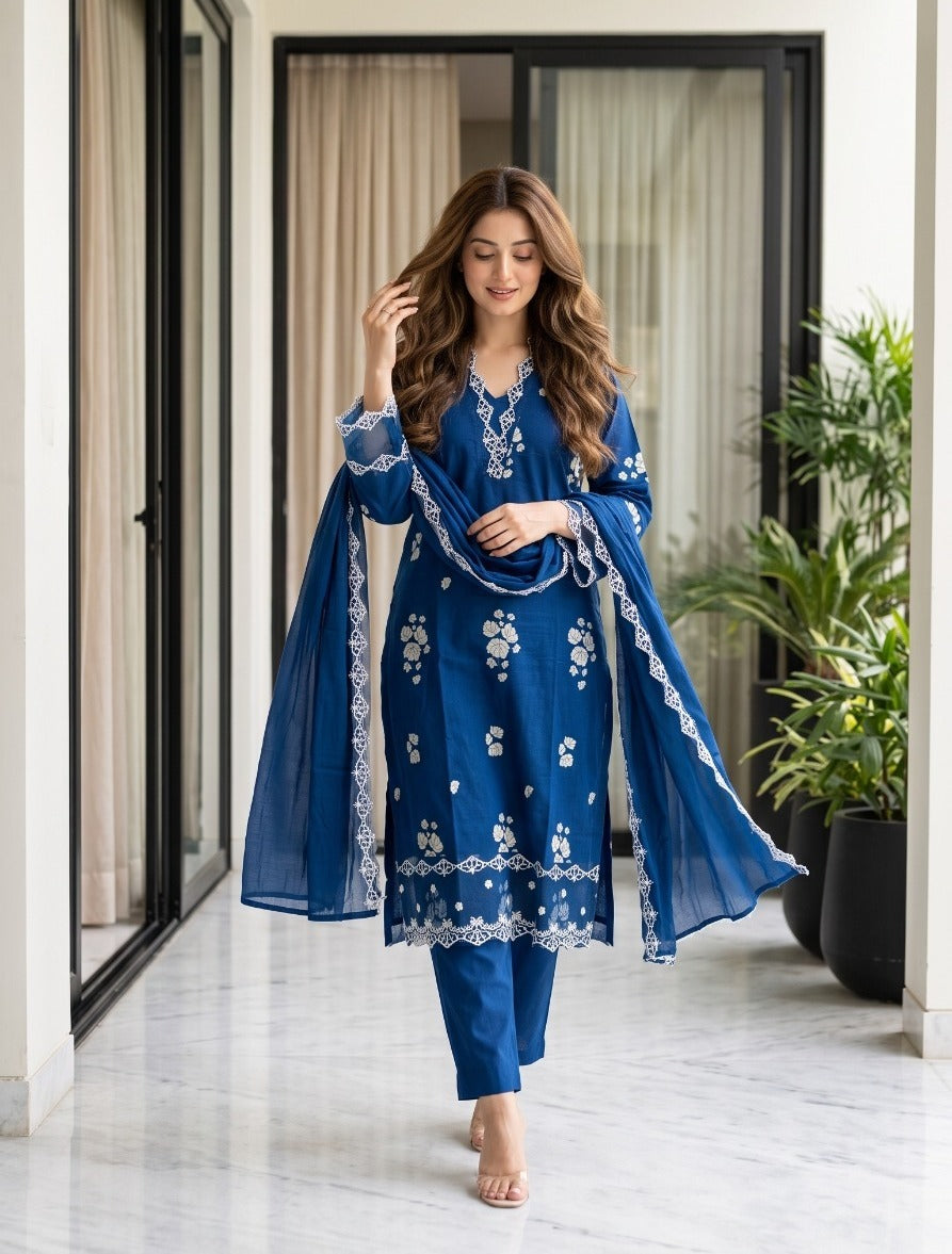 Cotton suit set with organza border in teal blue