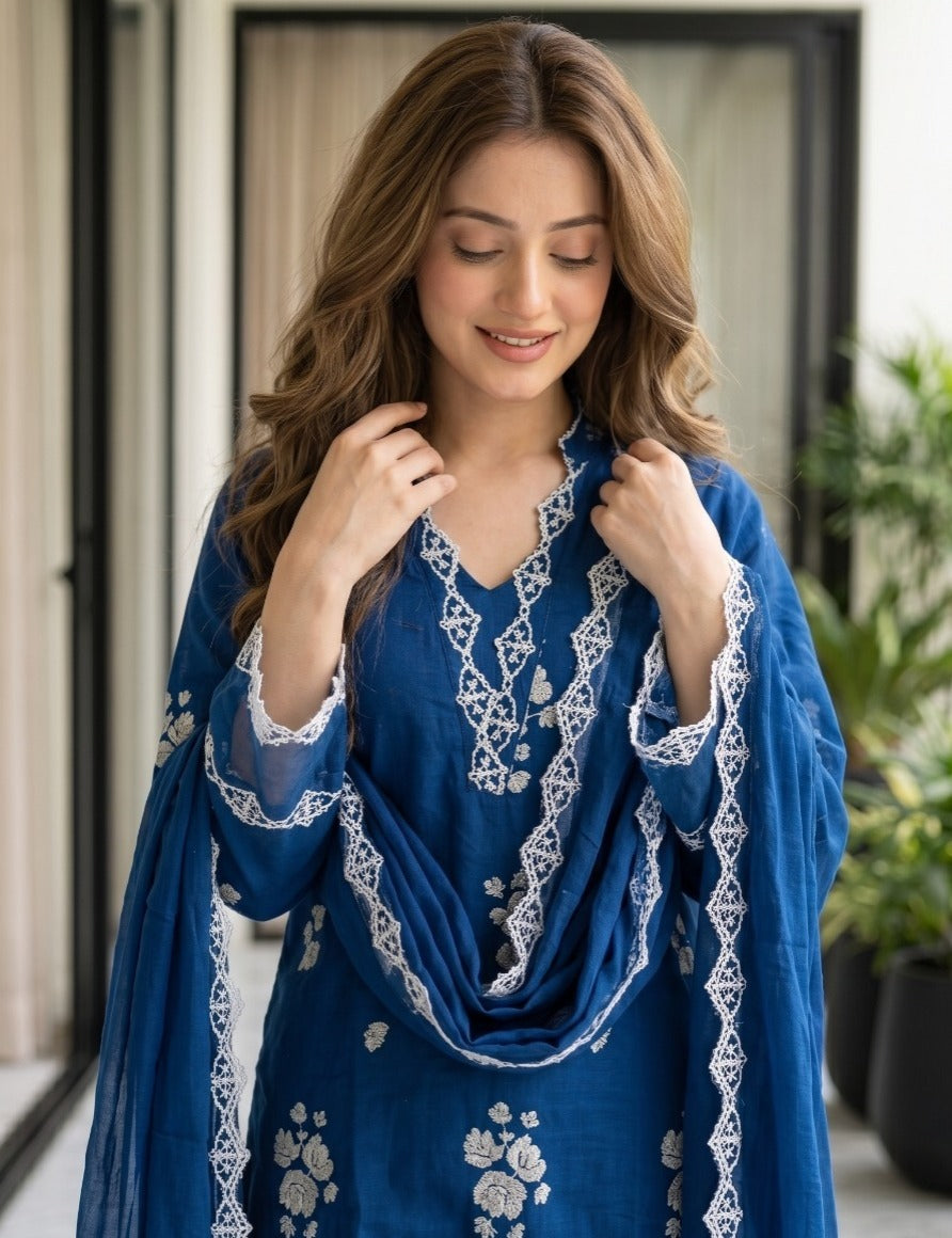 Cotton suit set with organza border in teal blue
