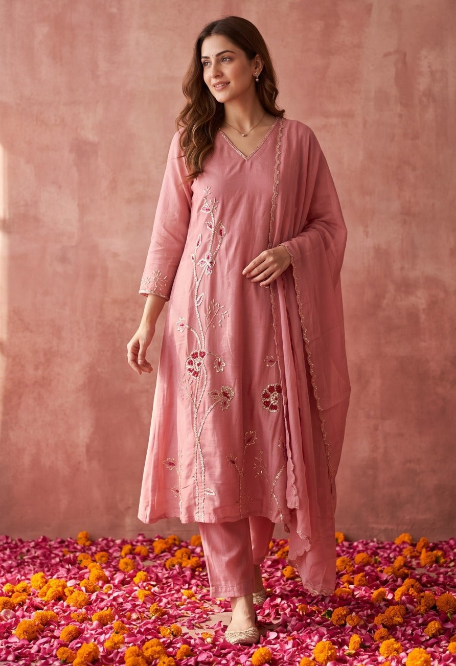 Super pretty baby pink pure mulchanderi suit set with lining