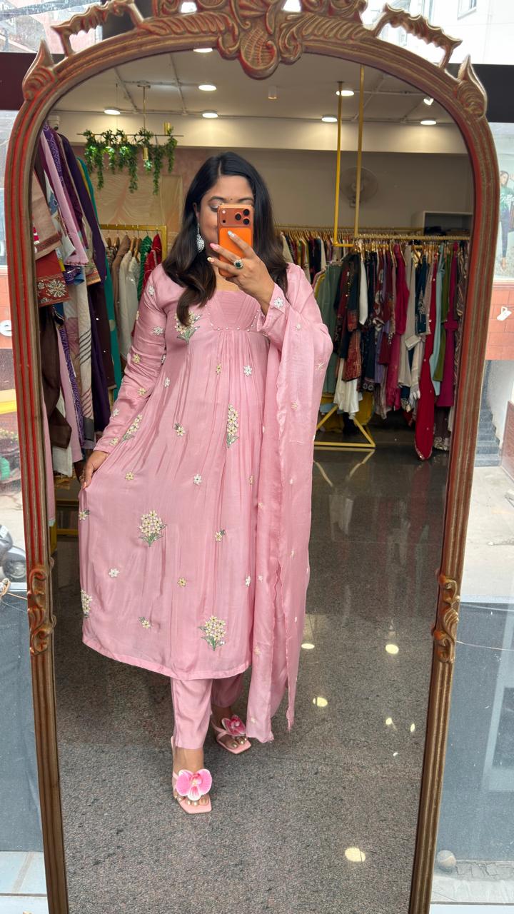 Premium pure chinon heavy pearl work suit set in baby pink