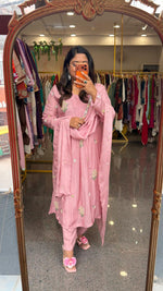 Premium pure chinon heavy pearl work suit set in baby pink