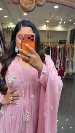 Premium pure chinon heavy pearl work suit set in baby pink