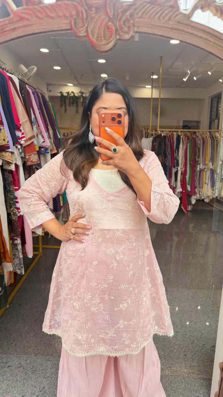 Baby pink pretty embroidered co ord set paired with shifli inner (inner slim fit)