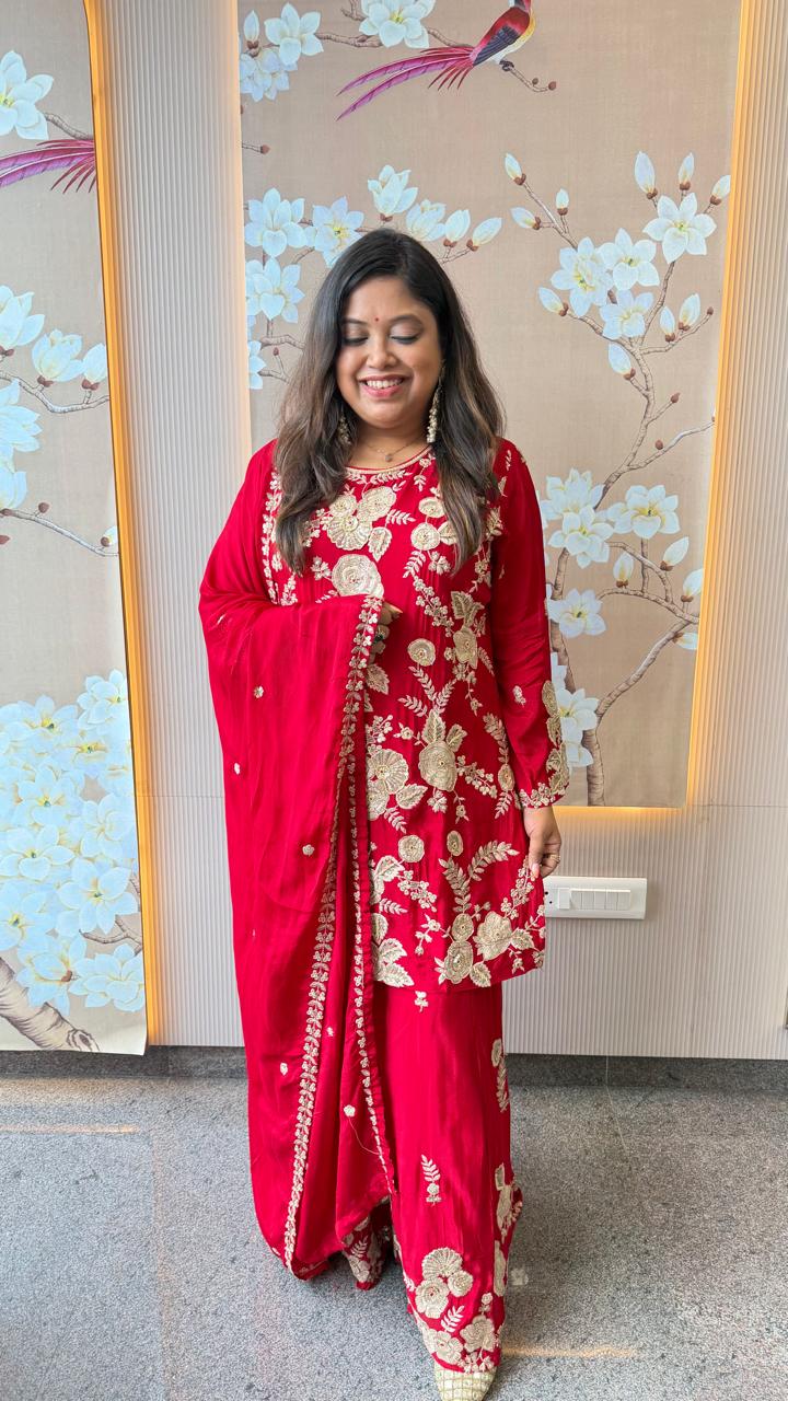 Premium pure chinon with embroidery and pearl detailing sharara set