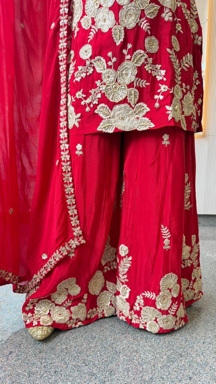 Premium pure chinon with embroidery and pearl detailing sharara set