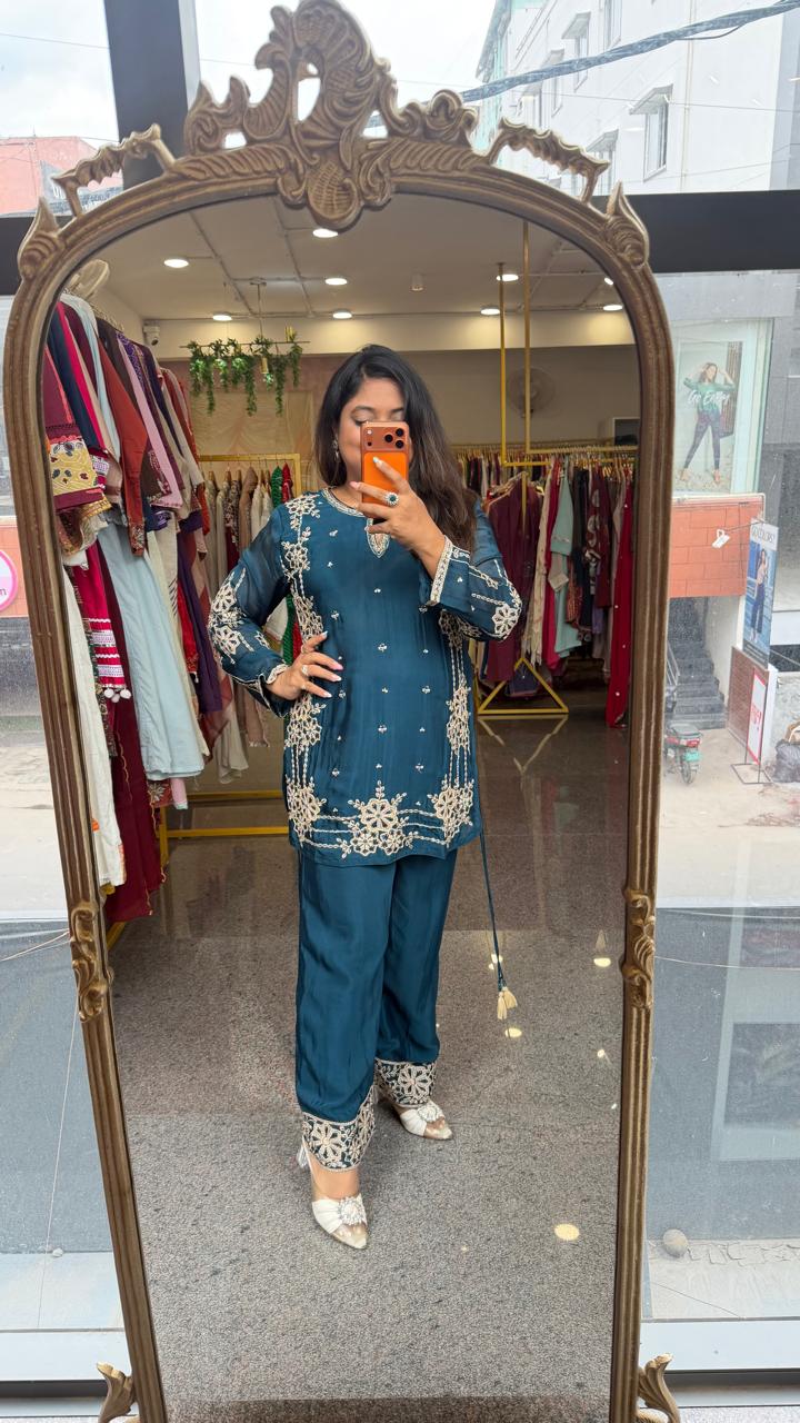 Premium chinon heavy handwork co ord set in teal blue