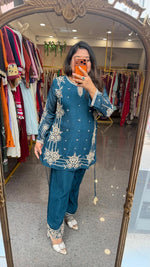 Premium chinon heavy handwork co ord set in teal blue