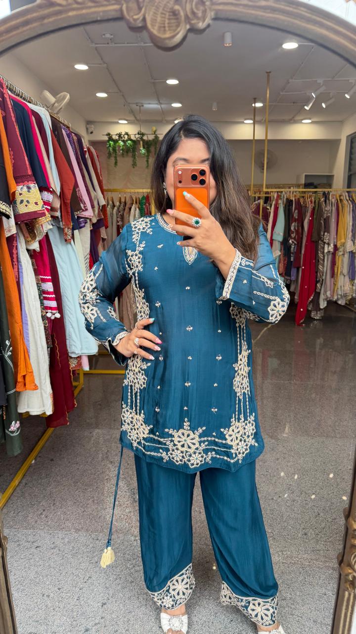 Premium chinon heavy handwork co ord set in teal blue