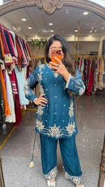 Premium chinon heavy handwork co ord set in teal blue