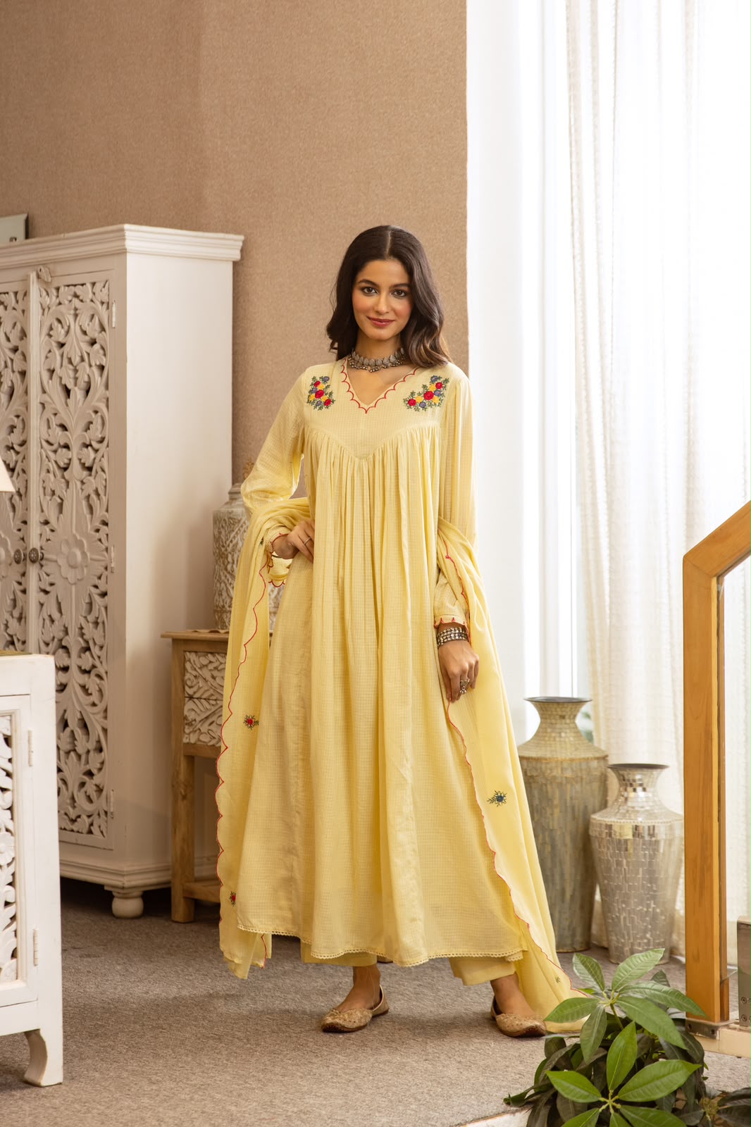 Buttter yellow embroidered Mul Cotton lining full suit set