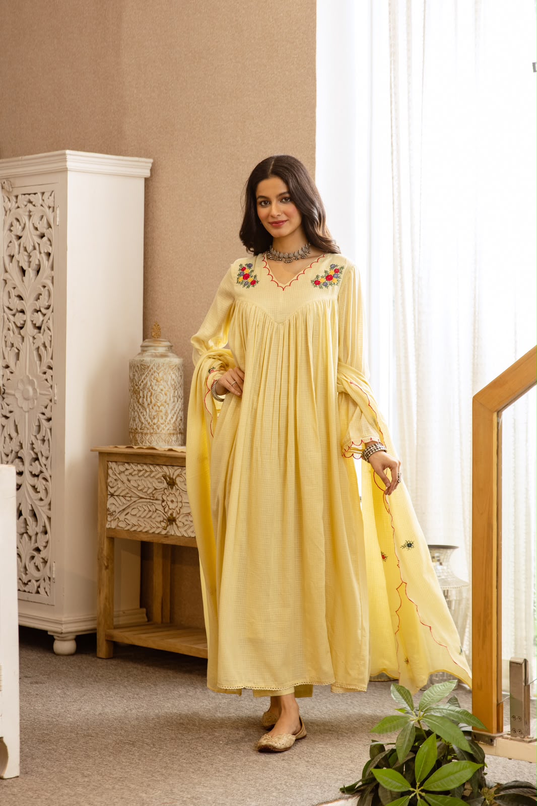 Buttter yellow embroidered Mul Cotton lining full suit set