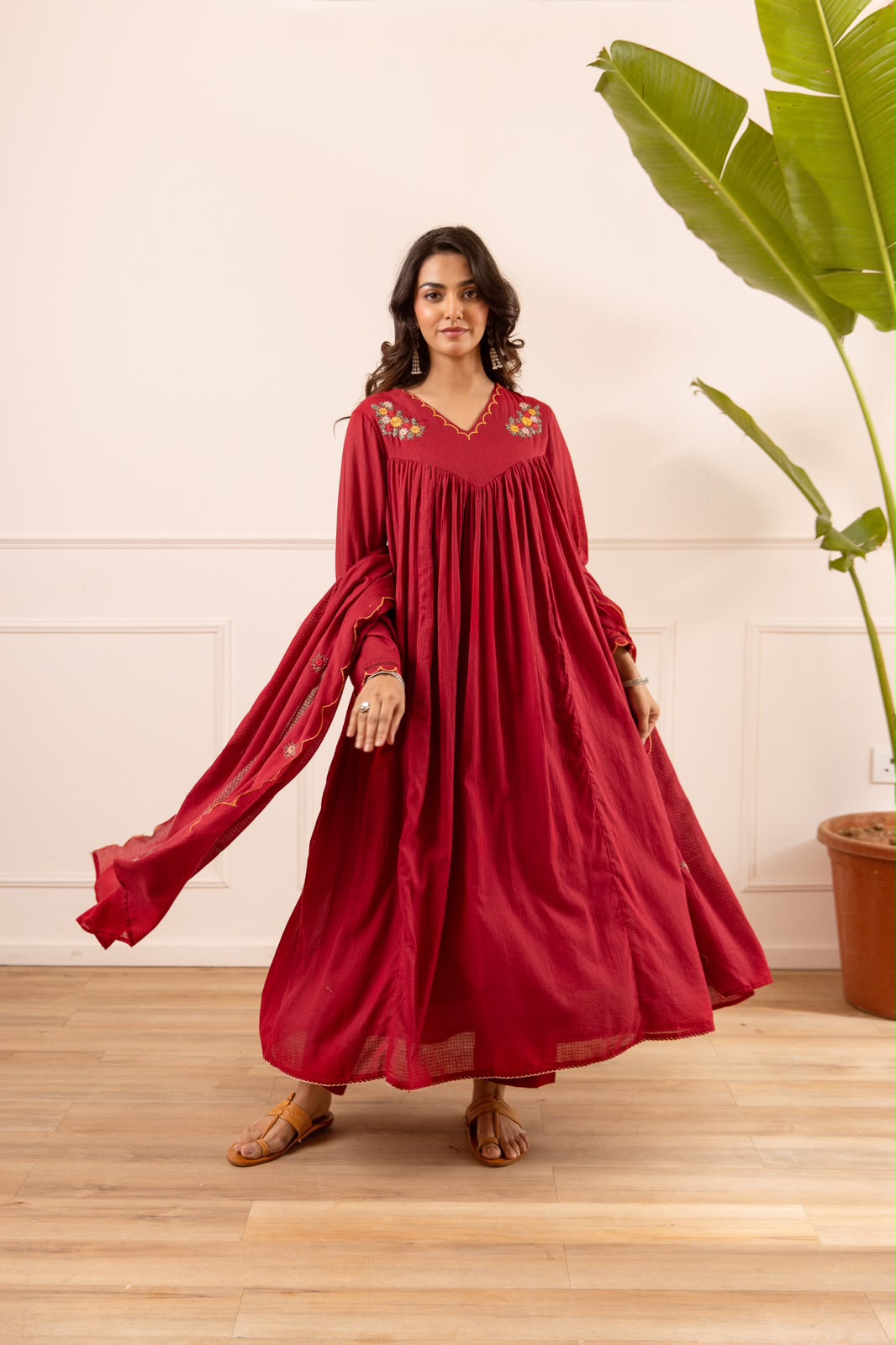 Red embroidered Mul Cotton lining full suit set