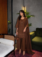 Pure cotton applique work full suit set in brown