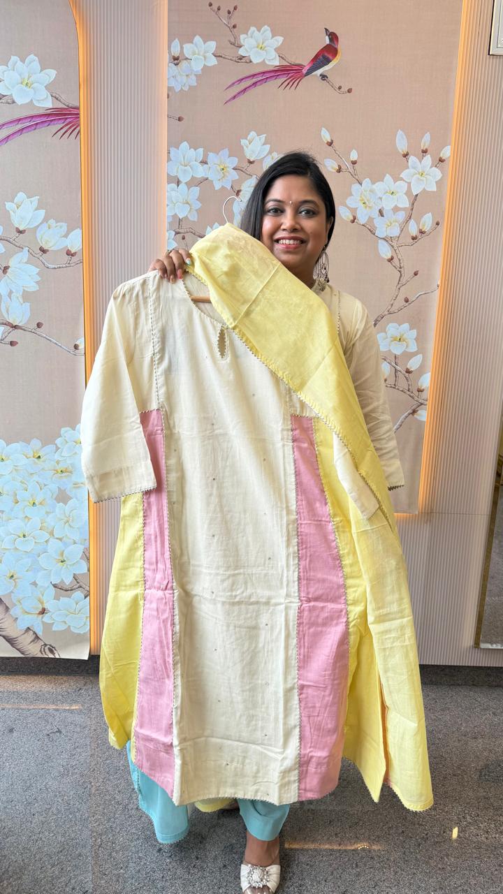 Premium cotton lining suit set in pink n yellow