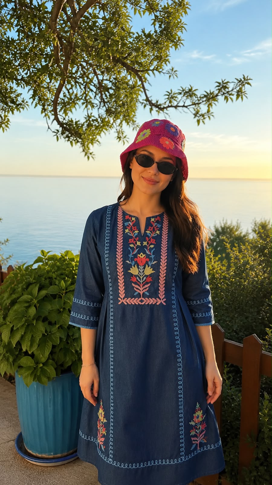 Super pretty soft denim embroidered one piece comes with cap