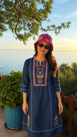 Super pretty soft denim embroidered one piece comes with cap