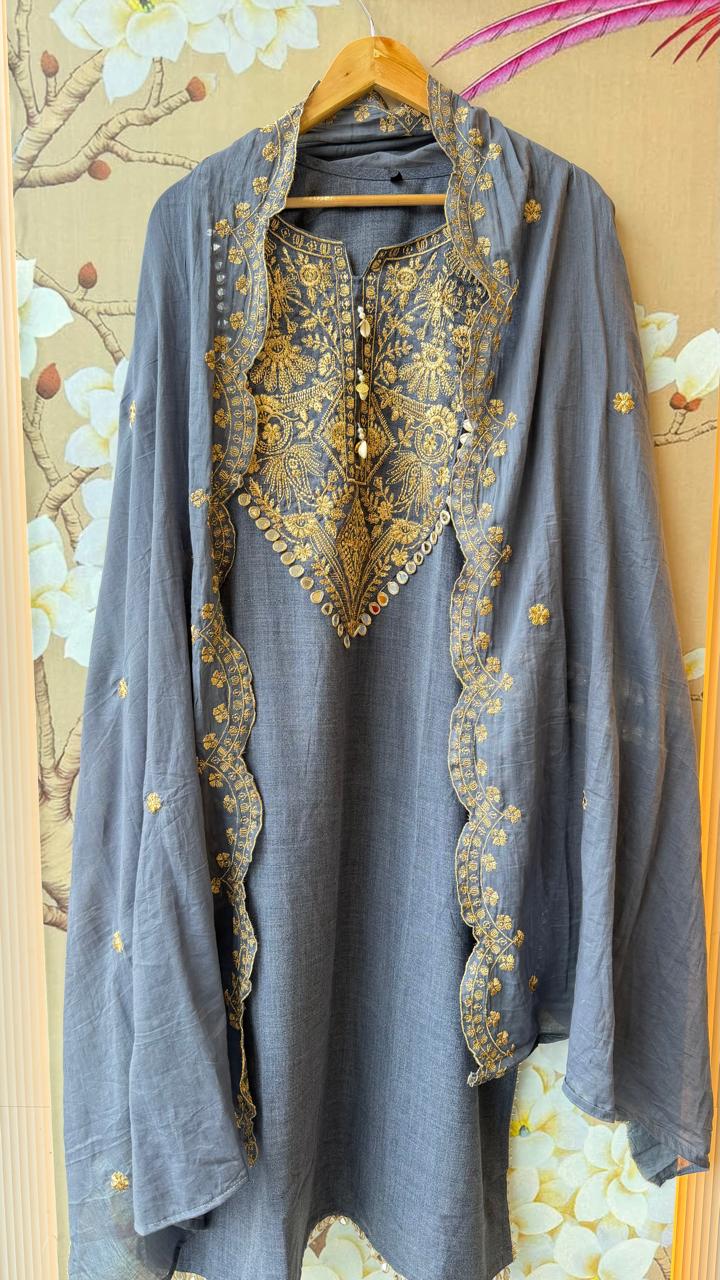 Denim cotton full suit with real Mirror detailing