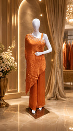 Orange pure chinon pretty handwork front n back offshoulder dress