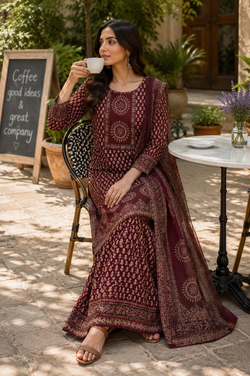 Pretty cotton ajrakh palazzos full suit set in red
