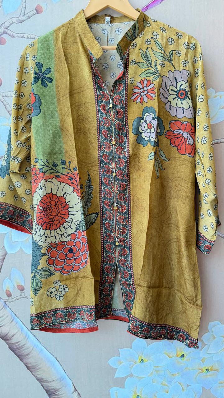 Pretty crepe silk digital printed front n back co ord in yellow