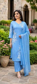 Fully embroidered designer front n back cotton full set in blue