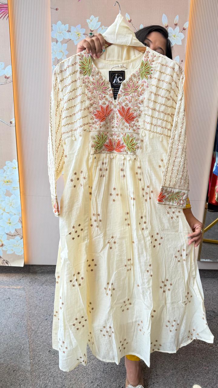 Premium Mul chanderi with pearl detailing suit set in ivory