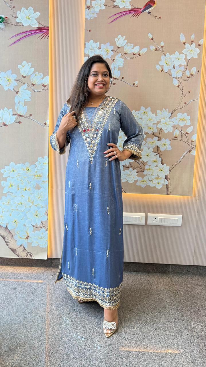 Imported fabric real mirror high slit blue dress