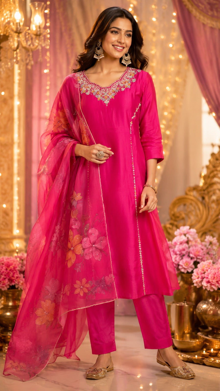 Modale hand embroidery rani pink lining suit set