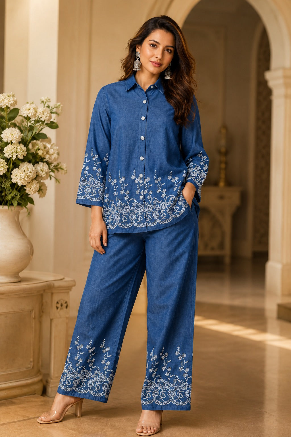 Stunning fully embroidered denim cotton co ord