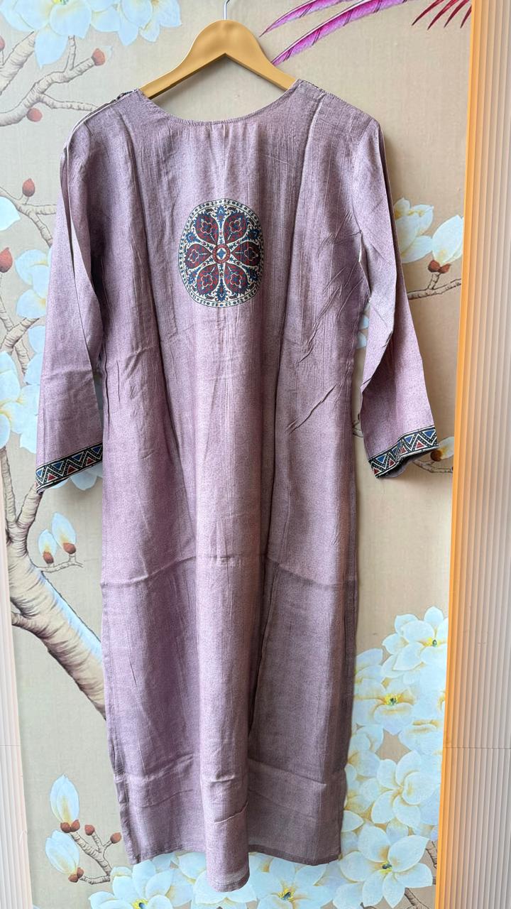 Pretty crepe silk ajrakh full suit set in purple . Designer front n back