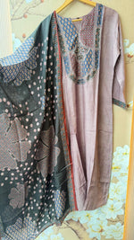 Pretty crepe silk ajrakh full suit set in purple . Designer front n back