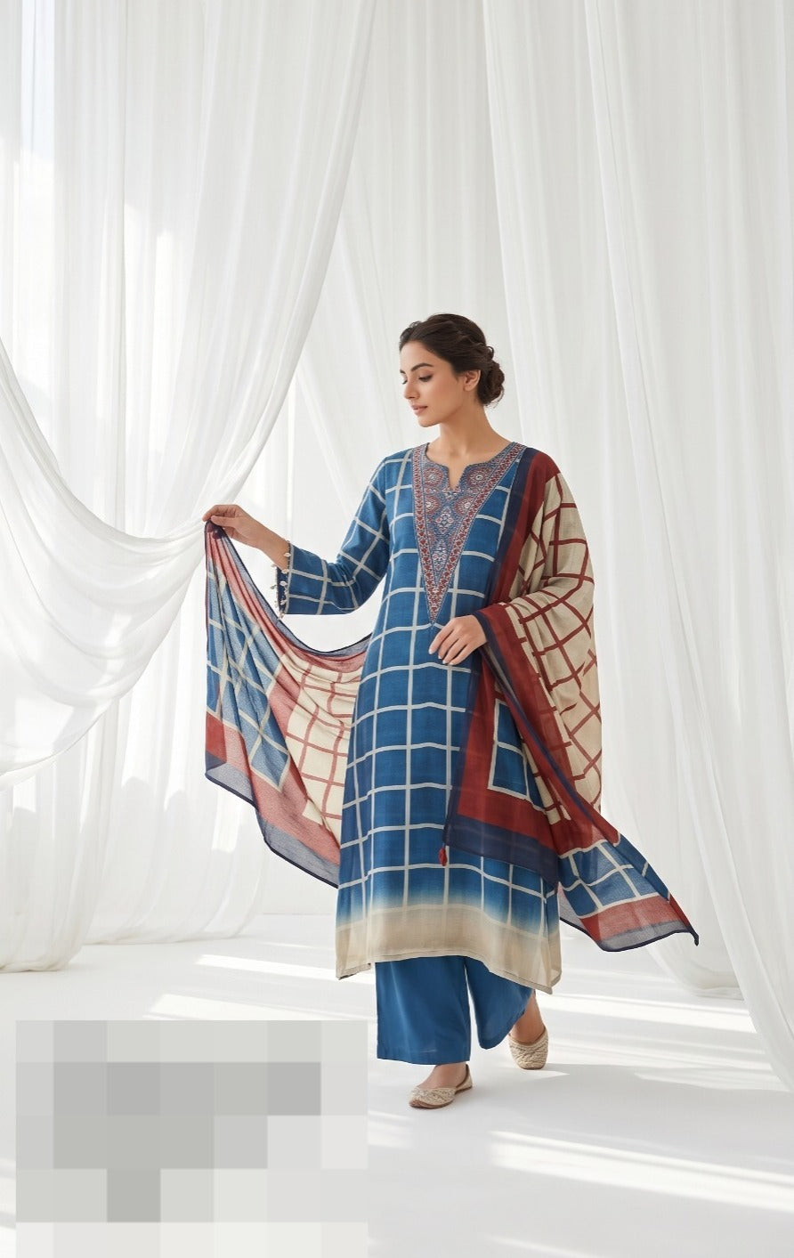 Chequered Mul silk suit set