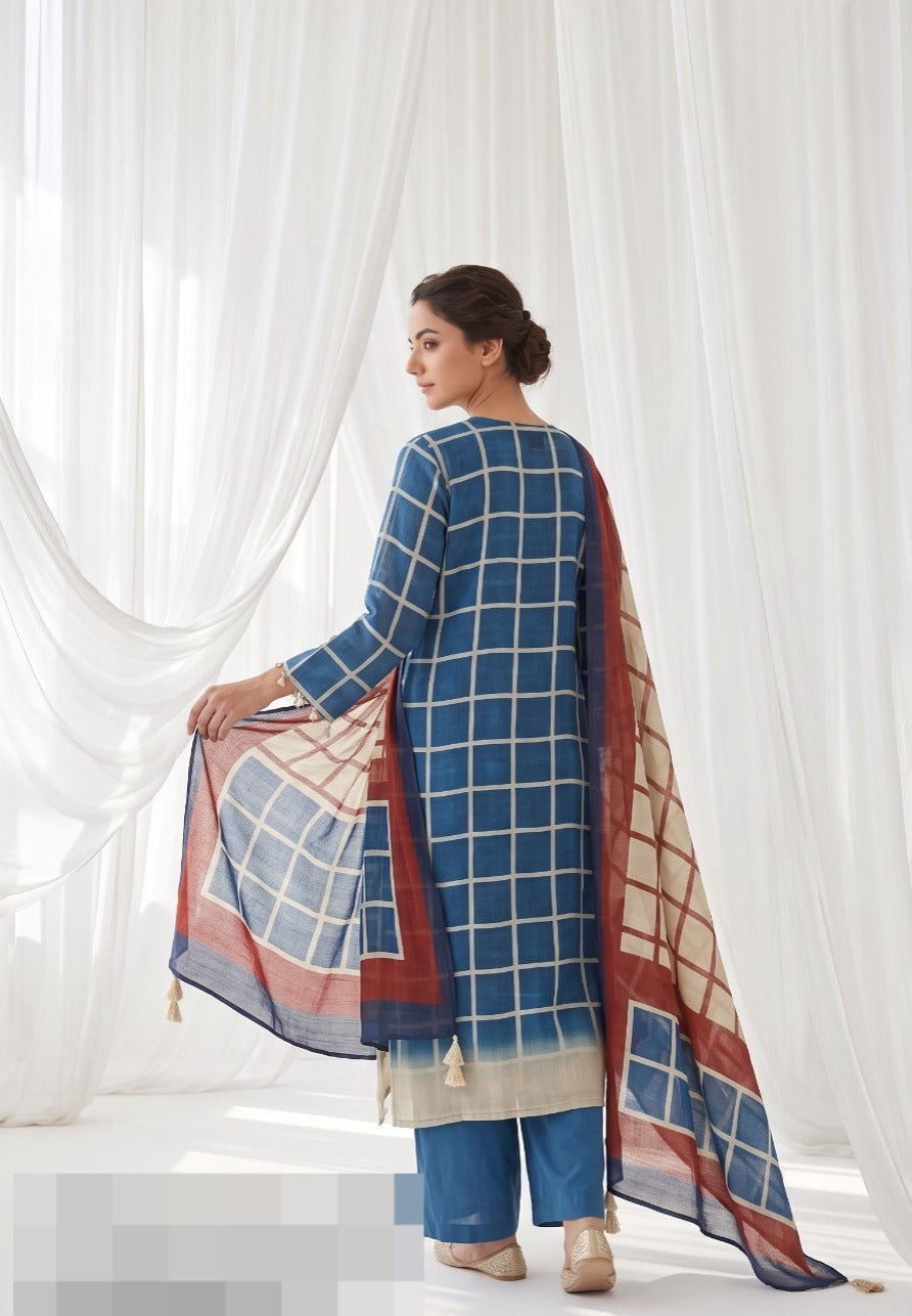 Chequered Mul silk suit set