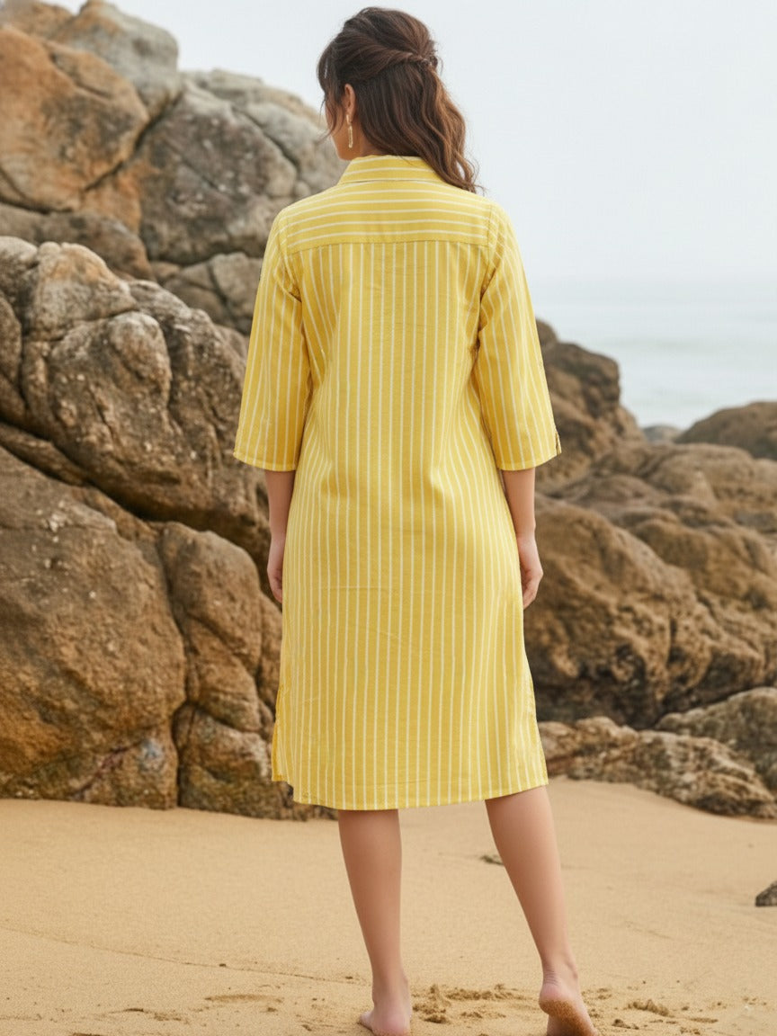 Pure cotton embroidered shirt dress in yellow