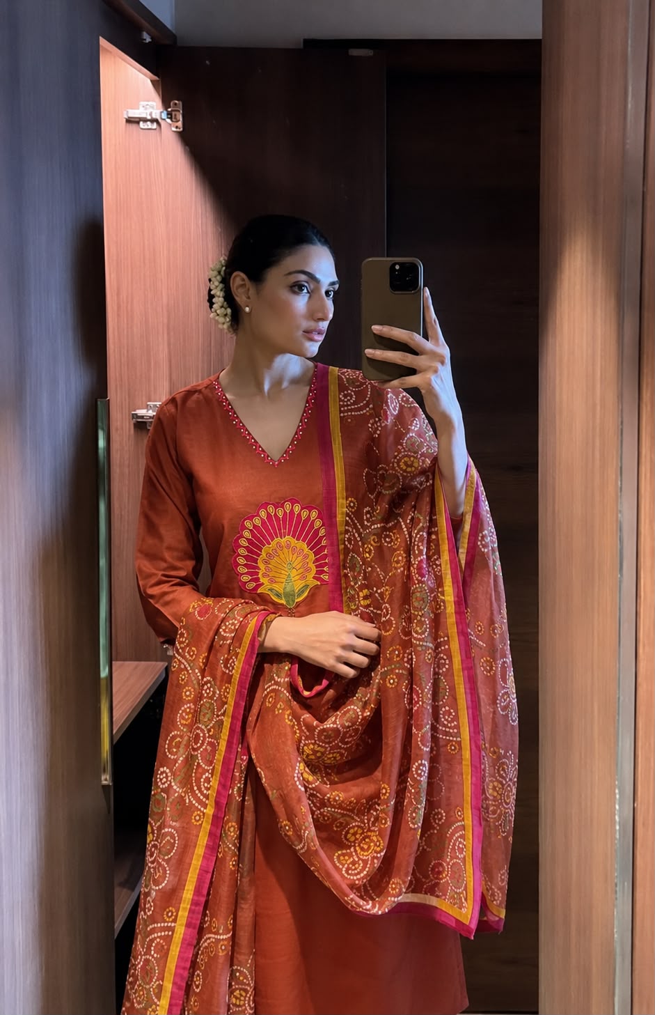 Premium cotton applique work paired with bandhani dupatta set