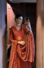 Premium cotton applique work paired with bandhani dupatta set