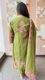 Premium Mul chanderi applique work suit set in green n pink