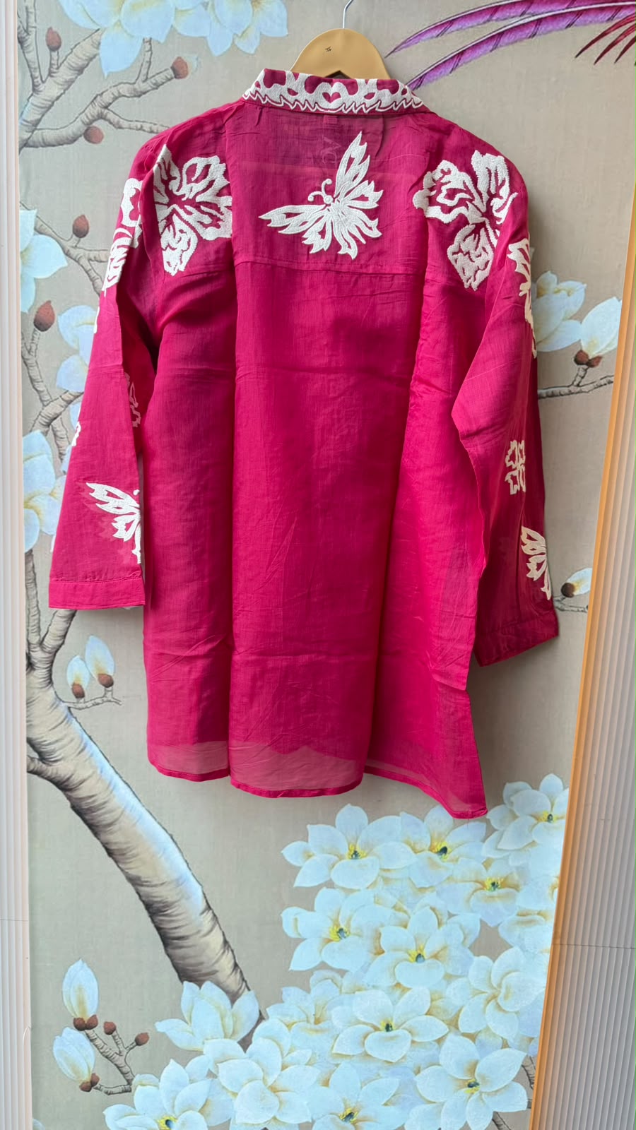 Front and back embroidered inner Mul chanderi co ord in Rani pink